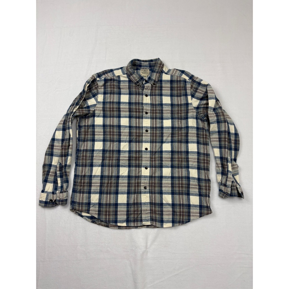 LL Bean Mens Flannel Shirt L Regular Blue Plaid Button Up Cotton 228061 N2